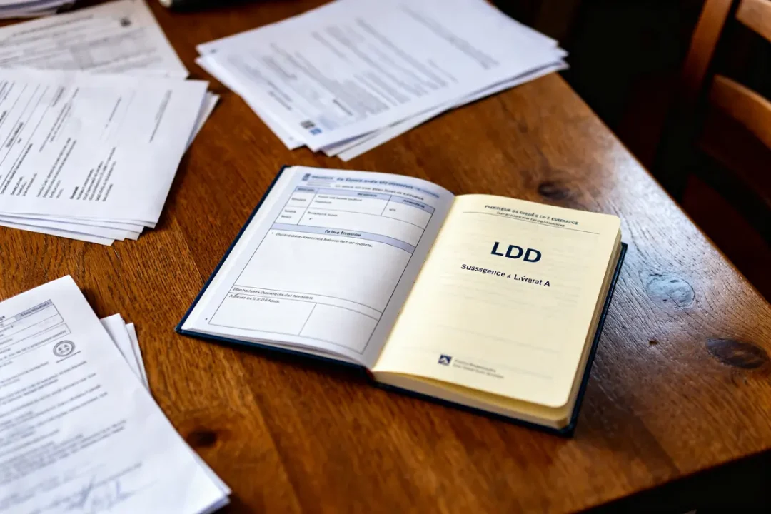 Carnet ouvert sur table montrant succession Livret A et LDD avec documents autour