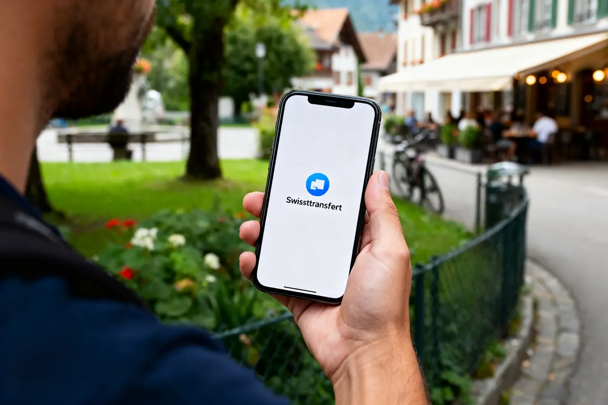 Personne tenant un smartphone avec l'application Swisstransfert devant un café extérieur en ville