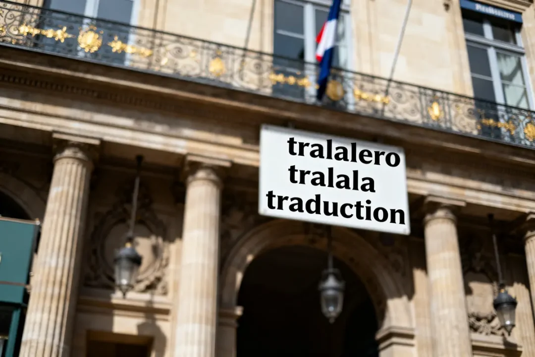 Bâtiment historique avec drapeau, affiche indique tralalero tralala traduction, architecture classique, détail ornemental