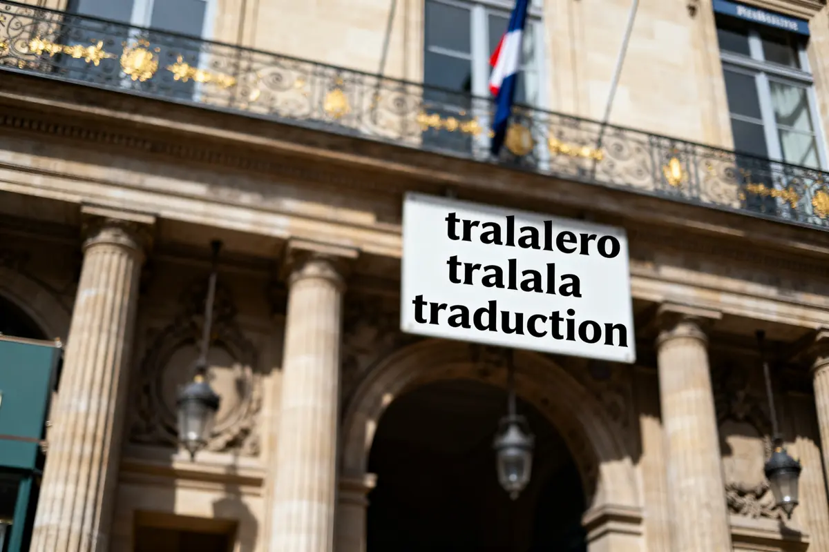 Bâtiment historique avec drapeau, affiche indique tralalero tralala traduction, architecture classique, détail ornemental