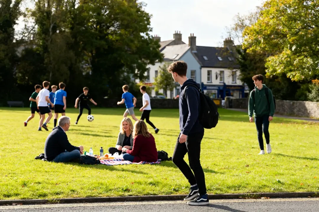 Des élèves jouent au football pendant les vacances scolaires en Irlande dans un parc verdoyant