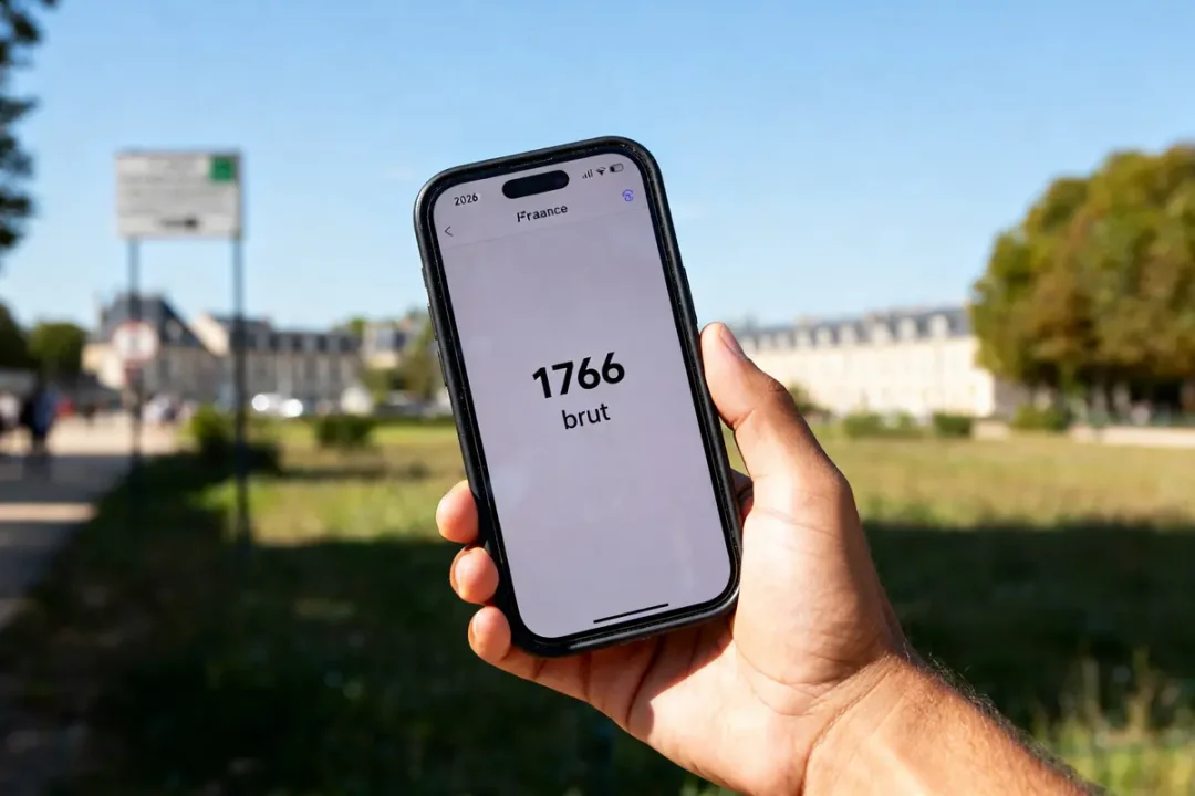 Téléphone affichant 1766 brut en net dans un parc ensoleillé