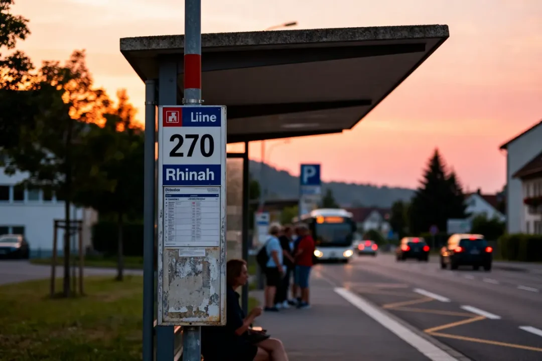 Arrêt de bus Rhinah ligne 270 au crépuscule avec passagers en attente.
