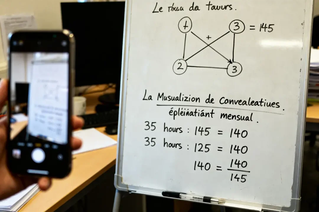 Tableau blanc avec schéma et calculs expliquant 35 heures par semaine combien par mois