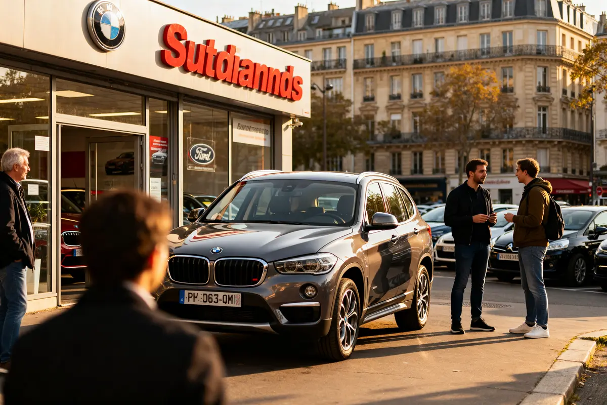 BMW garée devant concession Sudianne, deux hommes discutent Agence Automobiliere voitures urbaines France
