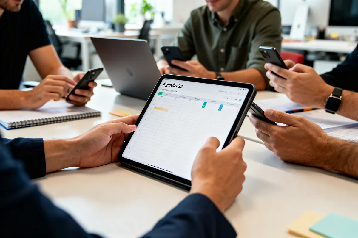 Personnes analysant l'application Agendis 22 sur tablettes et smartphones lors d'une réunion collaborative