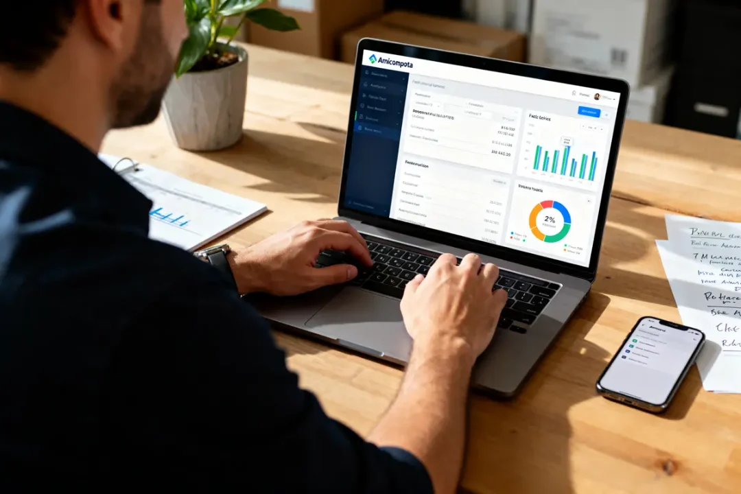 Homme utilisant Amicompta sur ordinateur portable pour suivre les finances et les graphiques