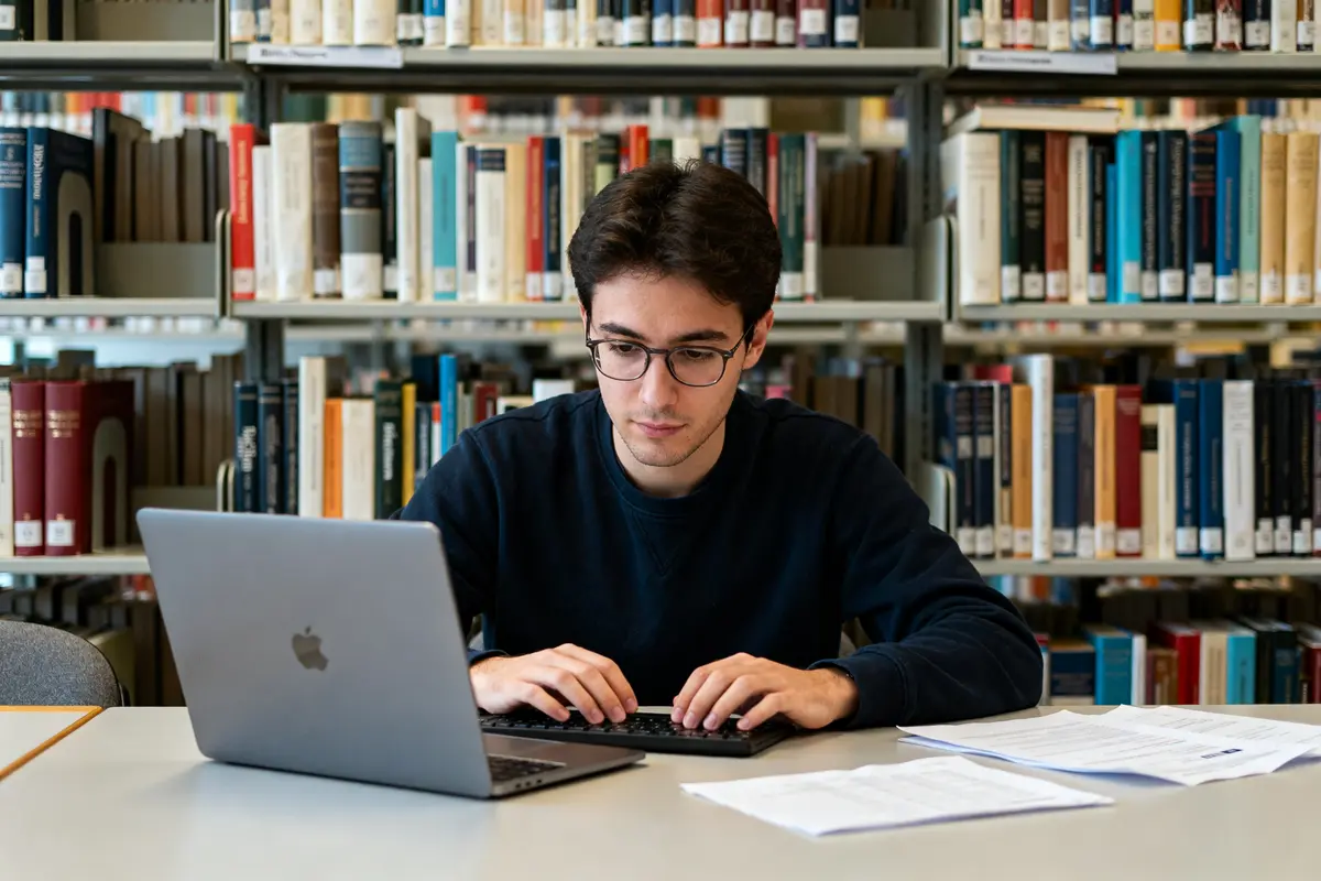Un homme étudie à la bibliothèque BiblioInserm avec un ordinateur portable et des livres