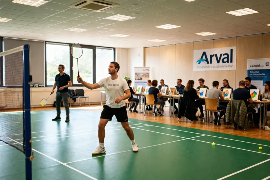 Joueurs de badminton et réunion CSE Arval en arrière-plan dans une salle polyvalente