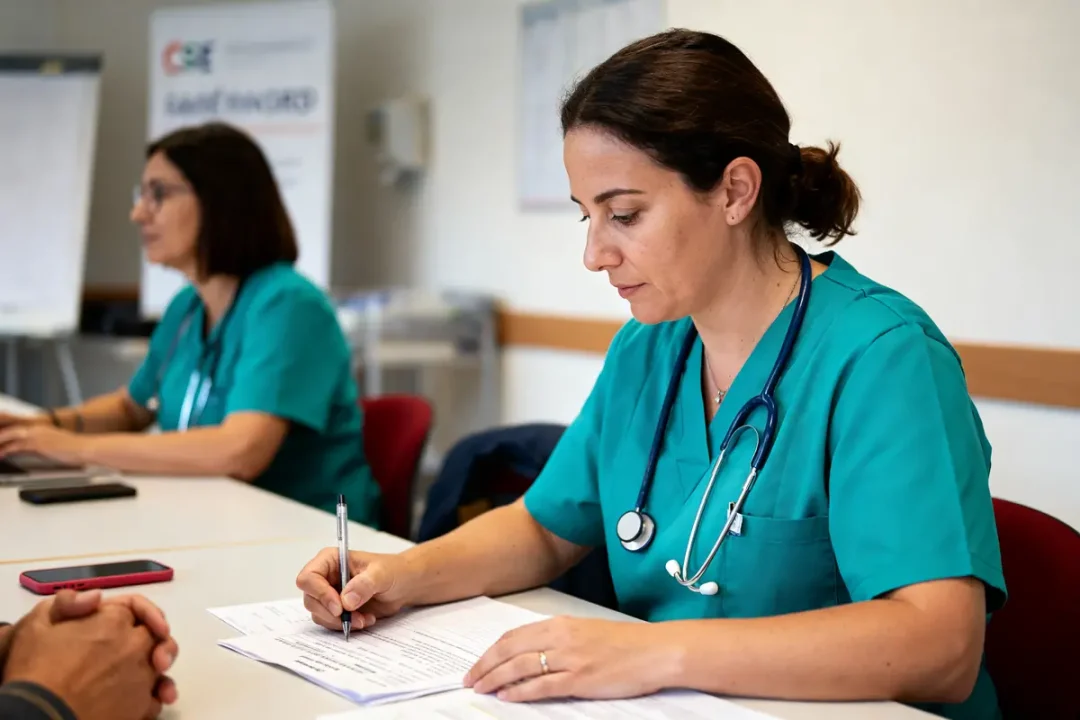 Personnel médical de CSE Santé Nord discutant et préparant des documents à une table de réunion