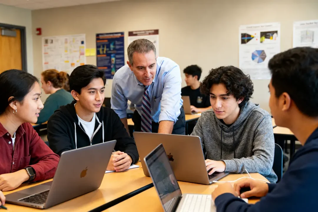 Des étudiants collaborent sur des ordinateurs portables avec un professeur au Cyber Collège.