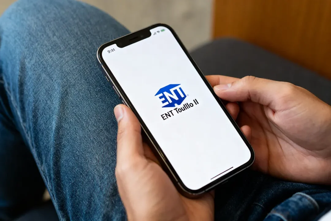 Personne tenant un smartphone affichant le logo de l'application ENT Toulouse II