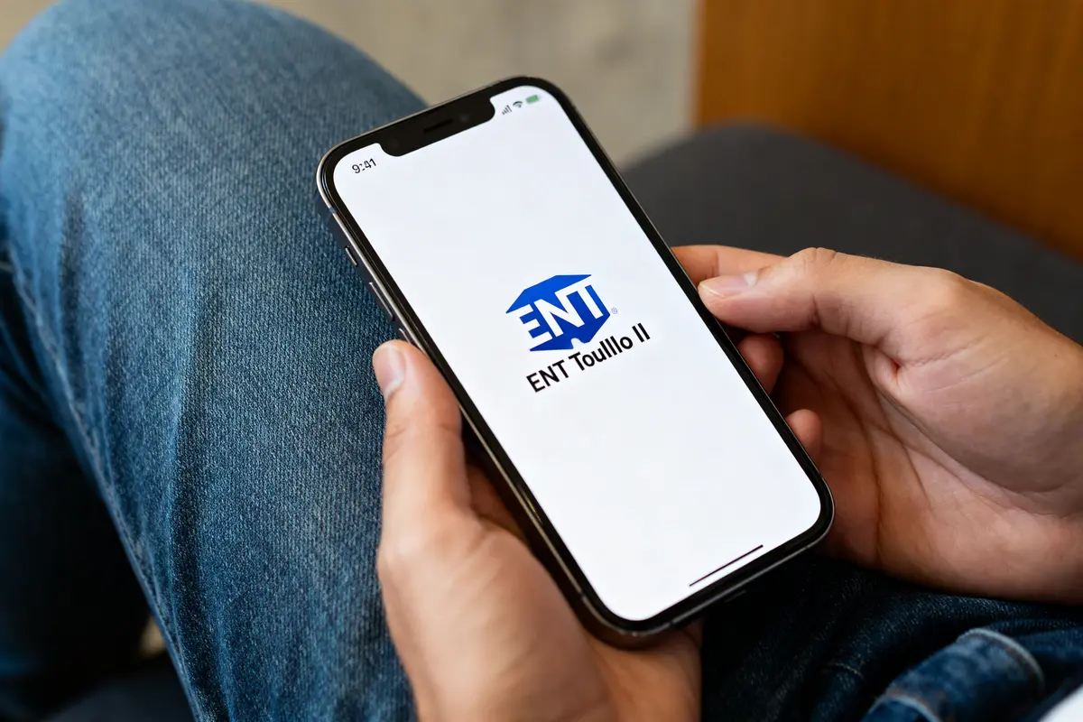 Personne tenant un smartphone affichant le logo de l'application ENT Toulouse II