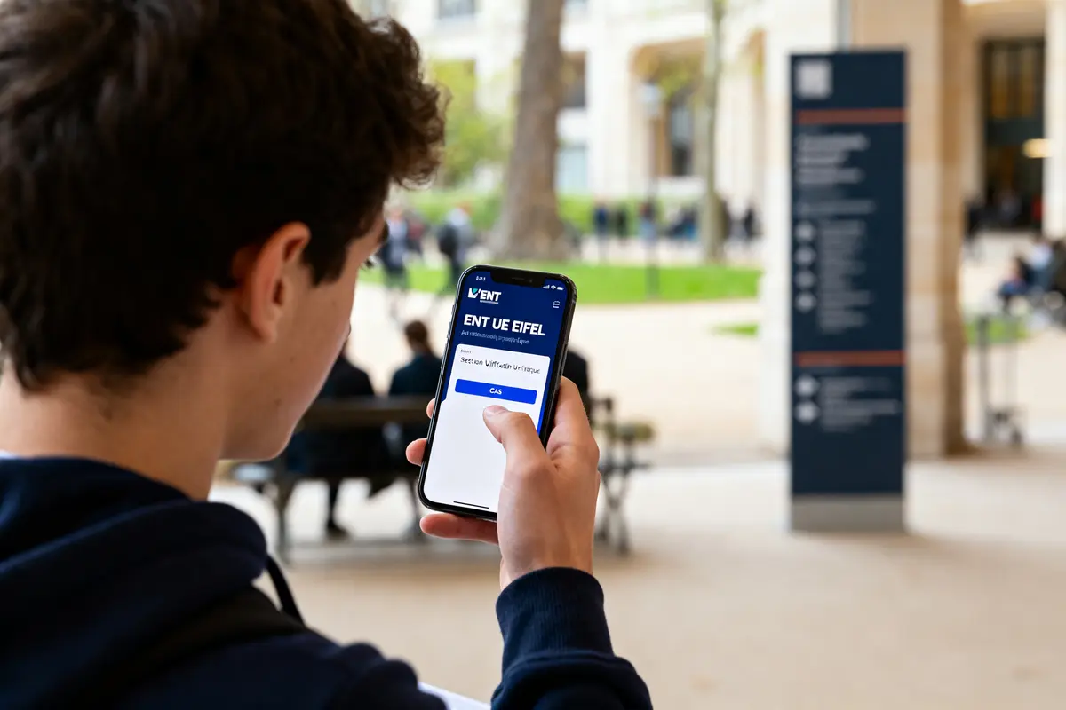Un étudiant accède à l'ENT Univ Eiffel via son smartphone sur le campus universitaire