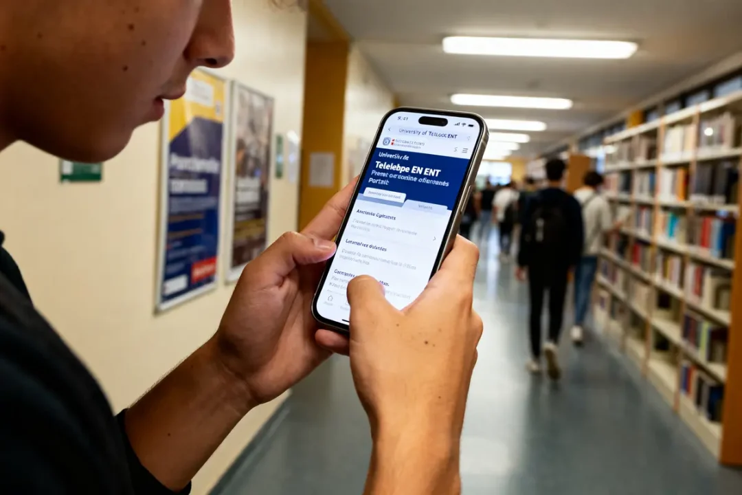 Étudiant accédant à l'ENT de l'université de Toulouse sur smartphone dans une bibliothèque universitaire