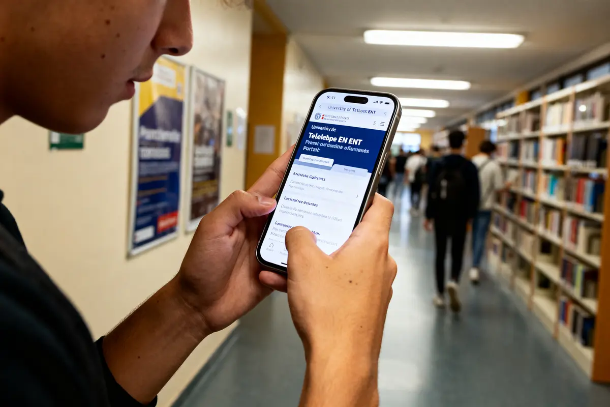 Étudiant accédant à l'ENT de l'université de Toulouse sur smartphone dans une bibliothèque universitaire