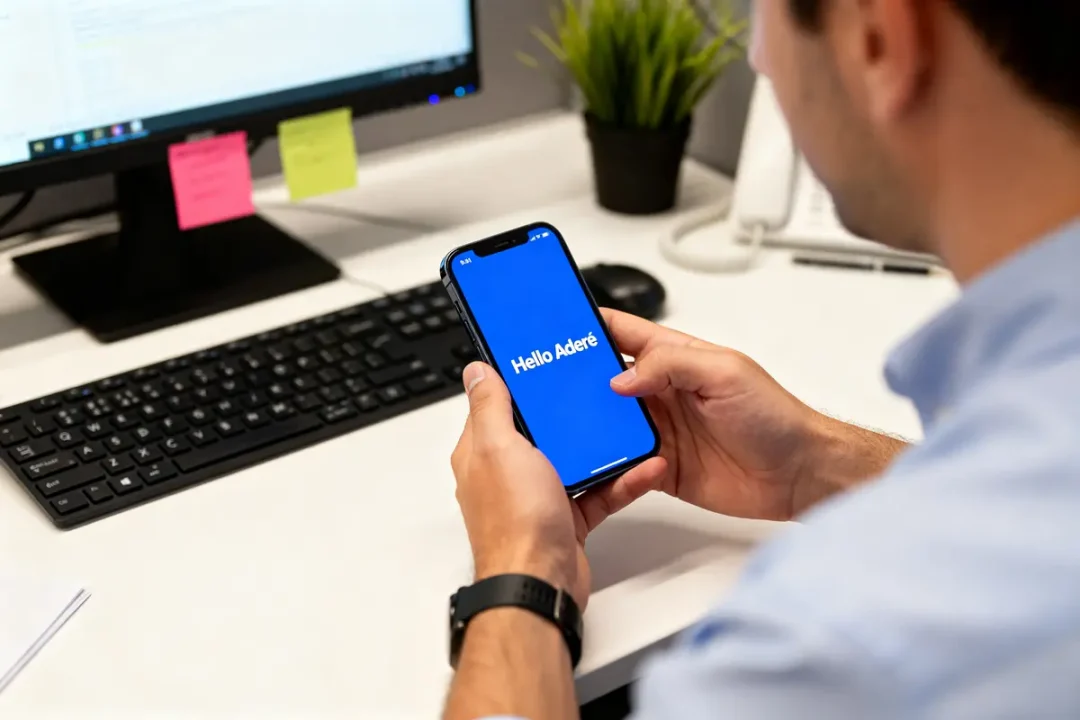 Homme utilisant smartphone affichant Hello Adere devant un ordinateur sur un bureau ordonné