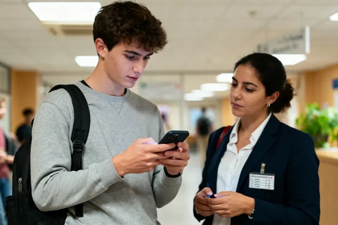 Un étudiant consulte Hyperplanning Le Havre sur son smartphone avec un professeur attentif