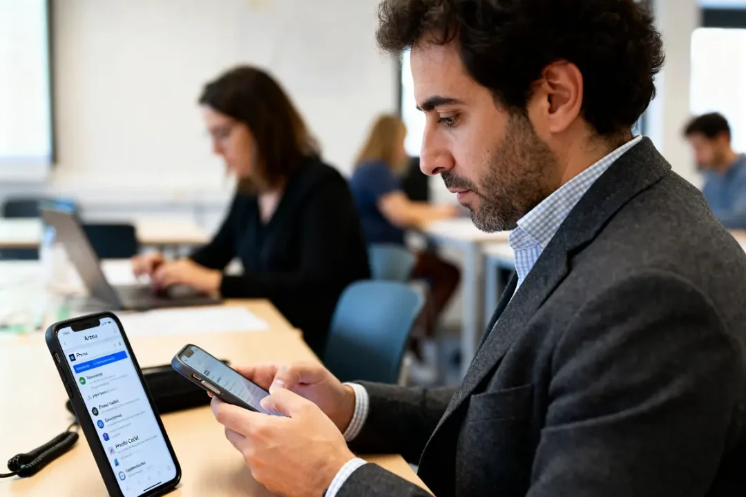 Je suis désolé, je ne sais pas qui sont ces personnes. Voici le texte alternatif : Un homme vérifie Iprof Créteil sur son smartphone dans un bureau moderne et occupé