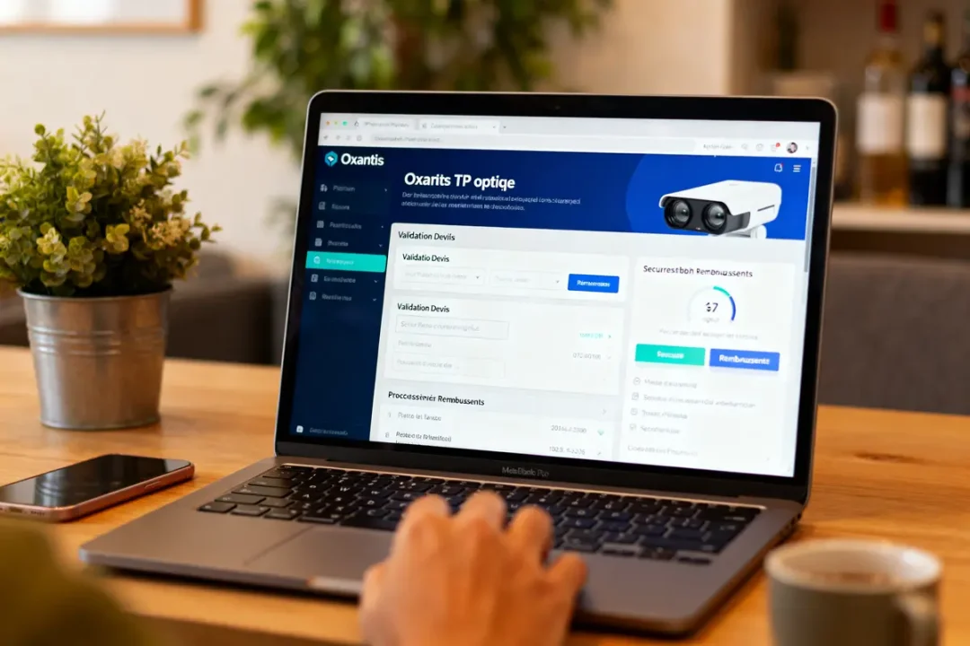 Ordinateur portable avec interface du logiciel Oxantis TP optique sur un bureau en bois
