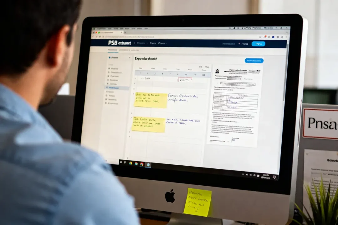 Homme travaillant sur ordinateur affichant des notes et documents via PSB extranet