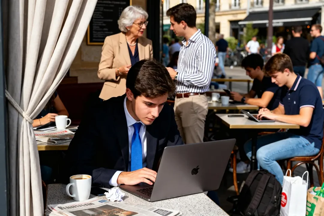 Jeune homme travailleur en café sur ordinateur portable avec SMIC luxembourgeois net discuté autour.