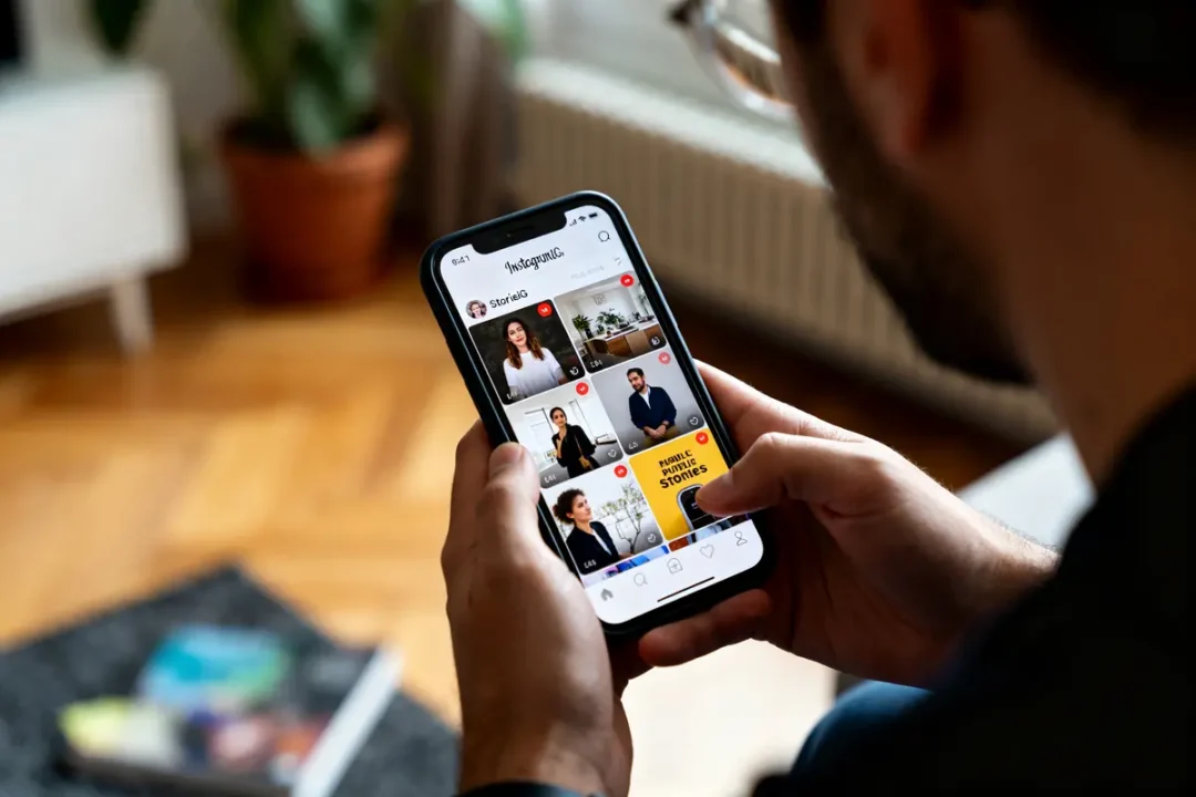 Un homme utilise l'application StoriesIG sur son smartphone pour visionner des vidéos.