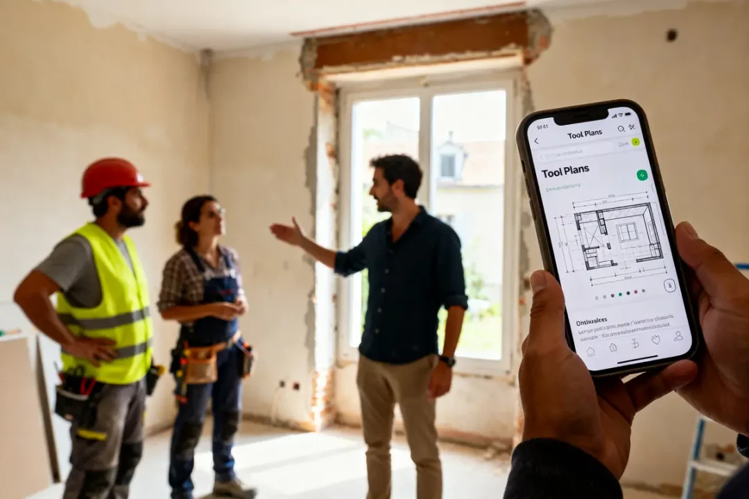 Rénovation intérieure avec application TooPlans affichant des plans sur smartphone en premier plan