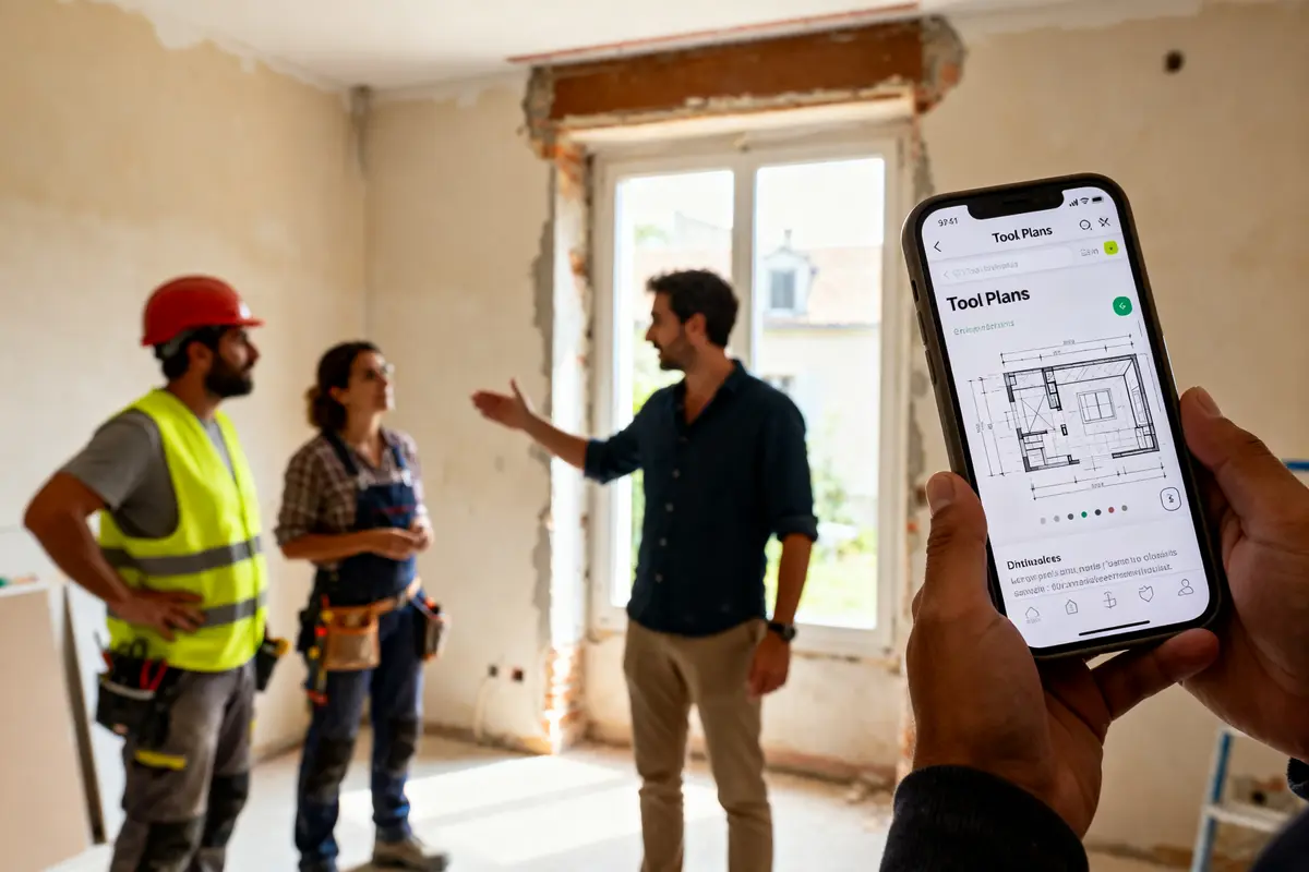Rénovation intérieure avec application TooPlans affichant des plans sur smartphone en premier plan