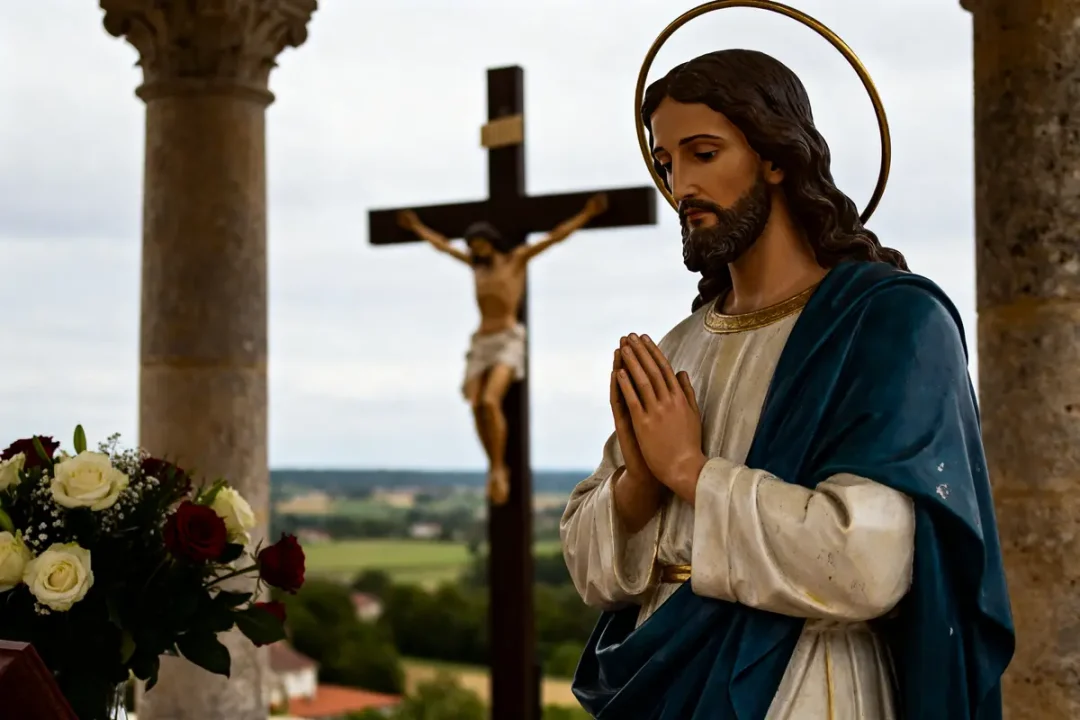 Statue de Jésus priant, crucifix et fleurs, blog L'Échelle de Jacob en arrière-plan