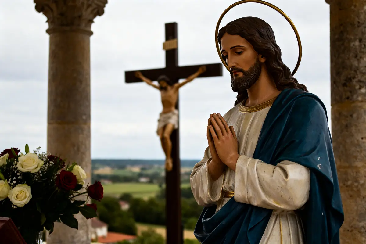 Statue de Jésus priant, crucifix et fleurs, blog L'Échelle de Jacob en arrière-plan