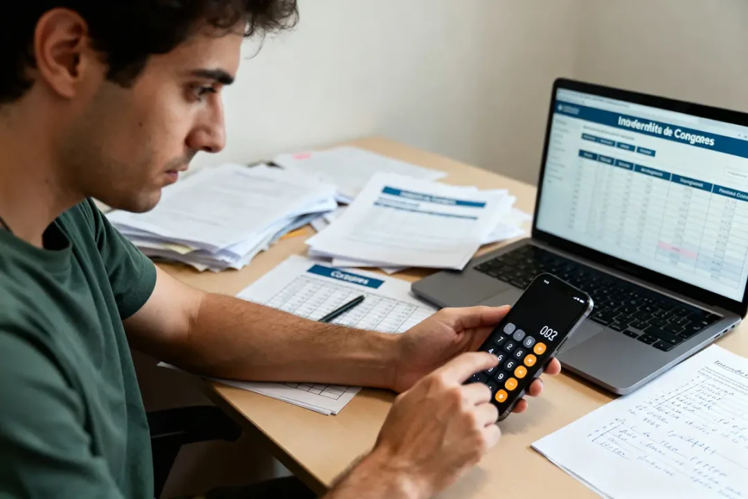 Homme calculant une indemnité des congés payés avec smartphone et ordinateur portable sur bureau