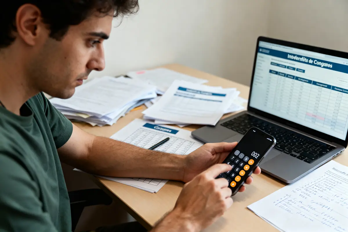 Homme calculant une indemnité des congés payés avec smartphone et ordinateur portable sur bureau