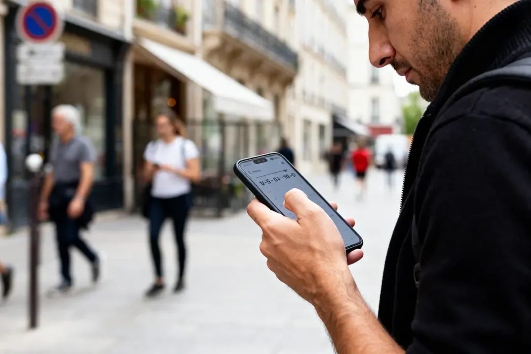 Homme consultant son téléphone pour conversion minutes en heures dans une rue animée
