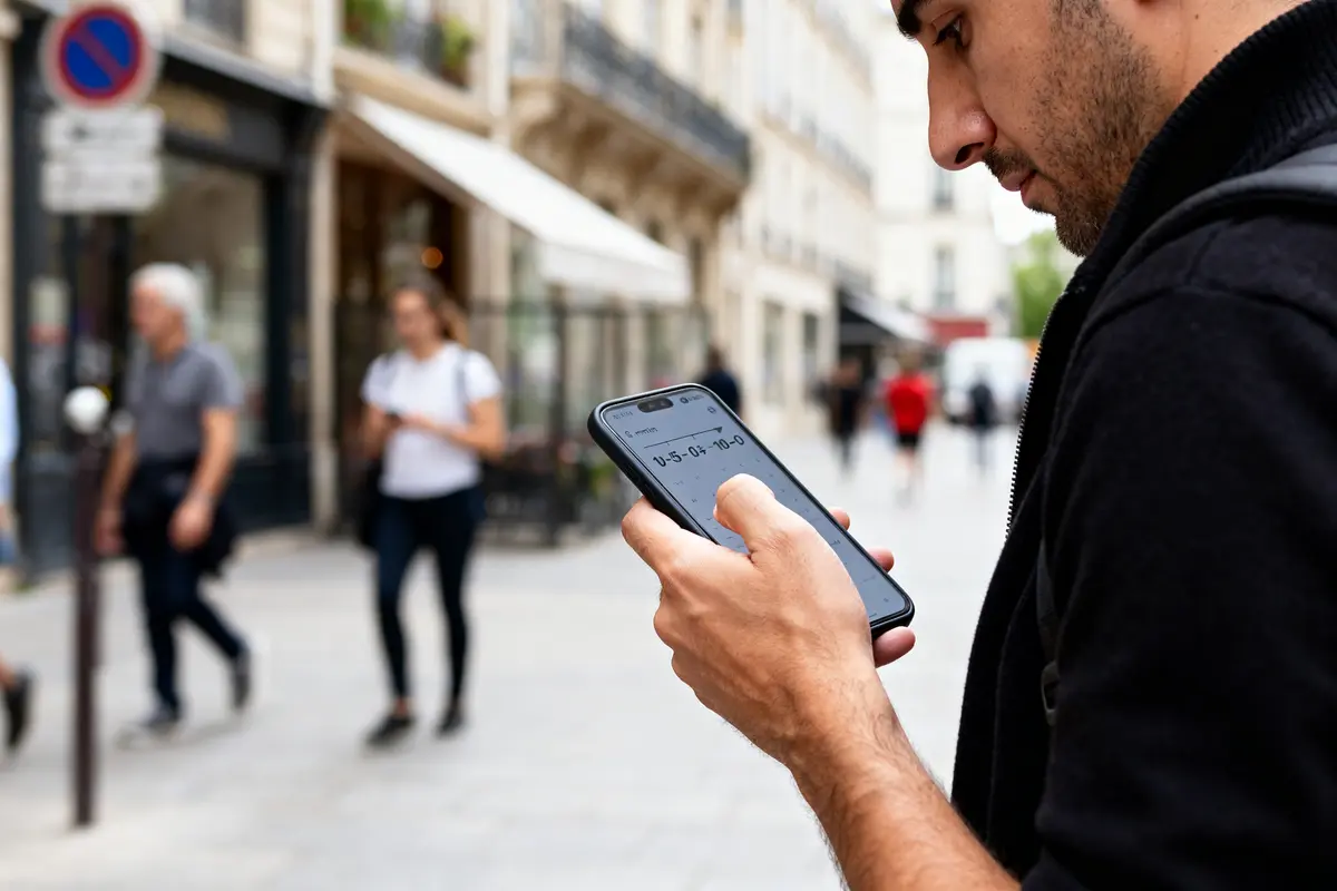 Homme consultant son téléphone pour conversion minutes en heures dans une rue animée