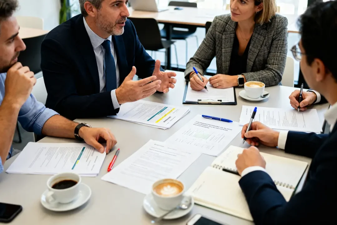 Réunion d'équipe en brainstorming pour une stratégie deeping dive avec documents et café
