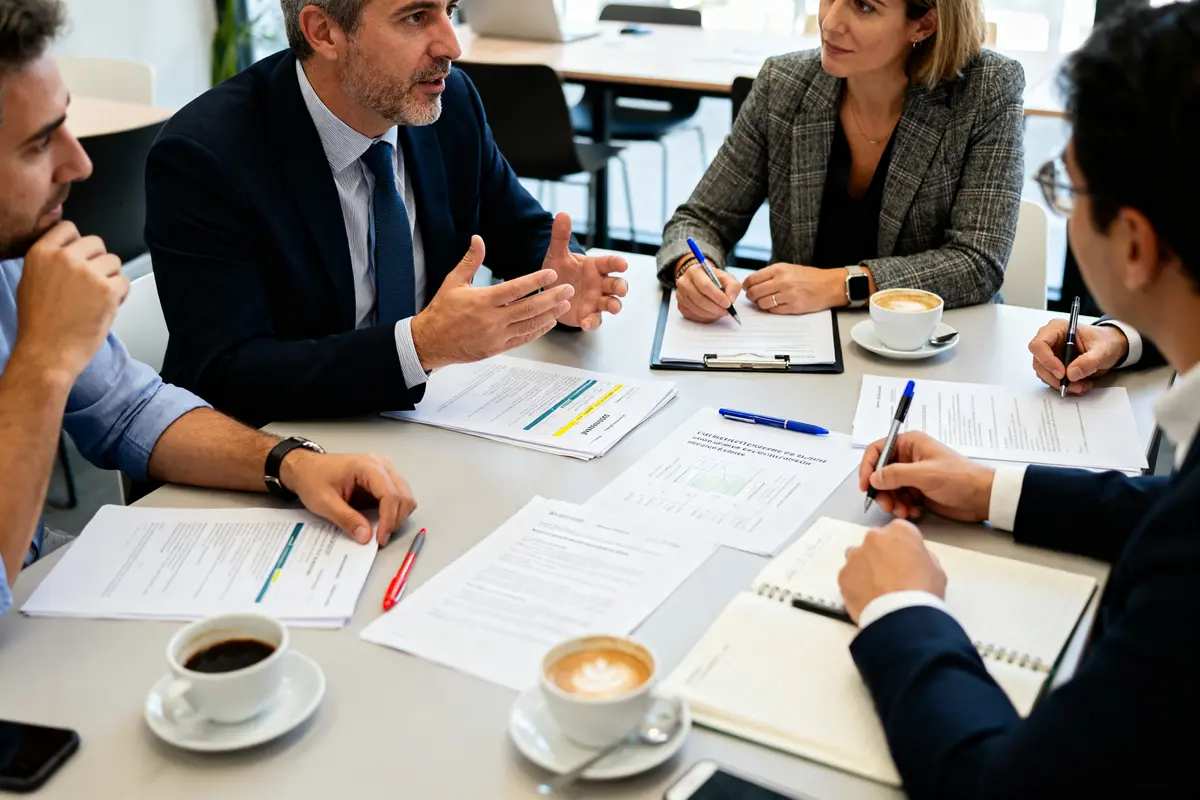 Réunion d'équipe en brainstorming pour une stratégie deeping dive avec documents et café