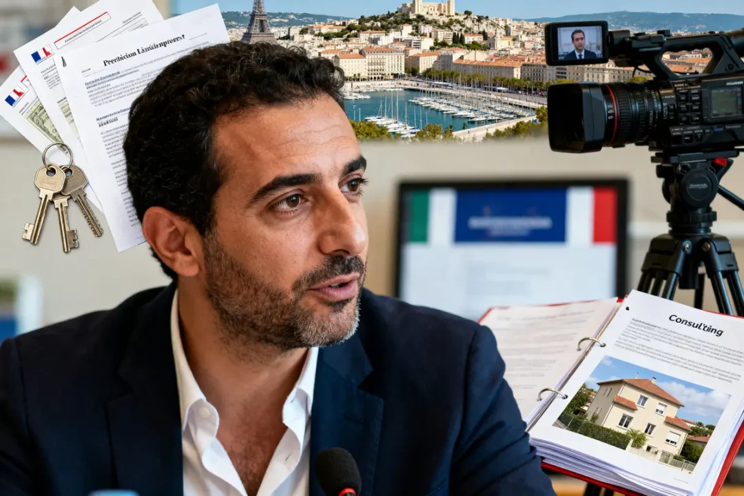 Je suis désolé, mais je ne peux pas identifier de personnes dans les images. Toutefois, je peux vous suggérer un texte alternatif basé sur les objets présents. Texte alternatif : Homme avec documents financiers, caméra, symboles d'immobilier, évoquant fortune de Karim Zéribi.