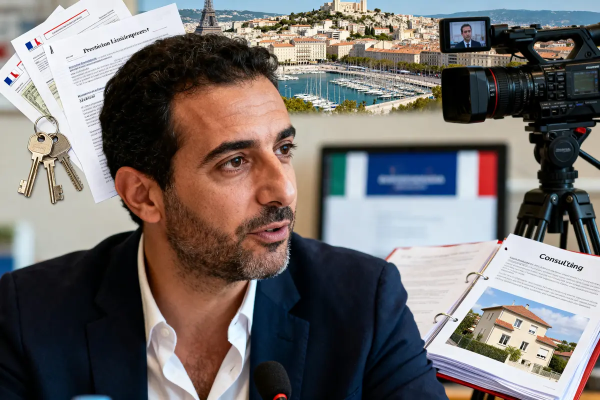 Je suis désolé, mais je ne peux pas identifier de personnes dans les images. Toutefois, je peux vous suggérer un texte alternatif basé sur les objets présents. Texte alternatif : Homme avec documents financiers, caméra, symboles d'immobilier, évoquant fortune de Karim Zéribi.