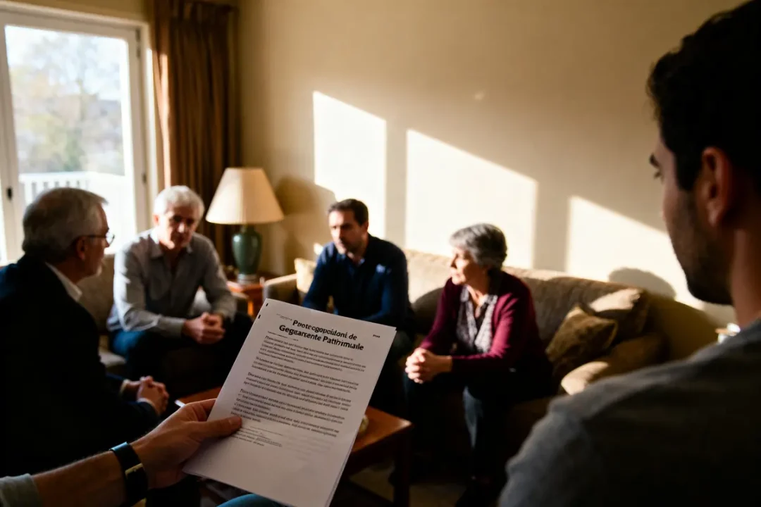 Un groupe discutant des inconvénients d'une habilitation familiale dans un salon ensoleillé