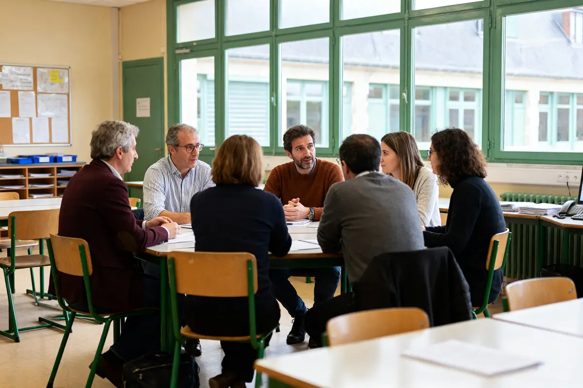 Groupe de personnes en réunion discutant autour d'une table intranet Caen