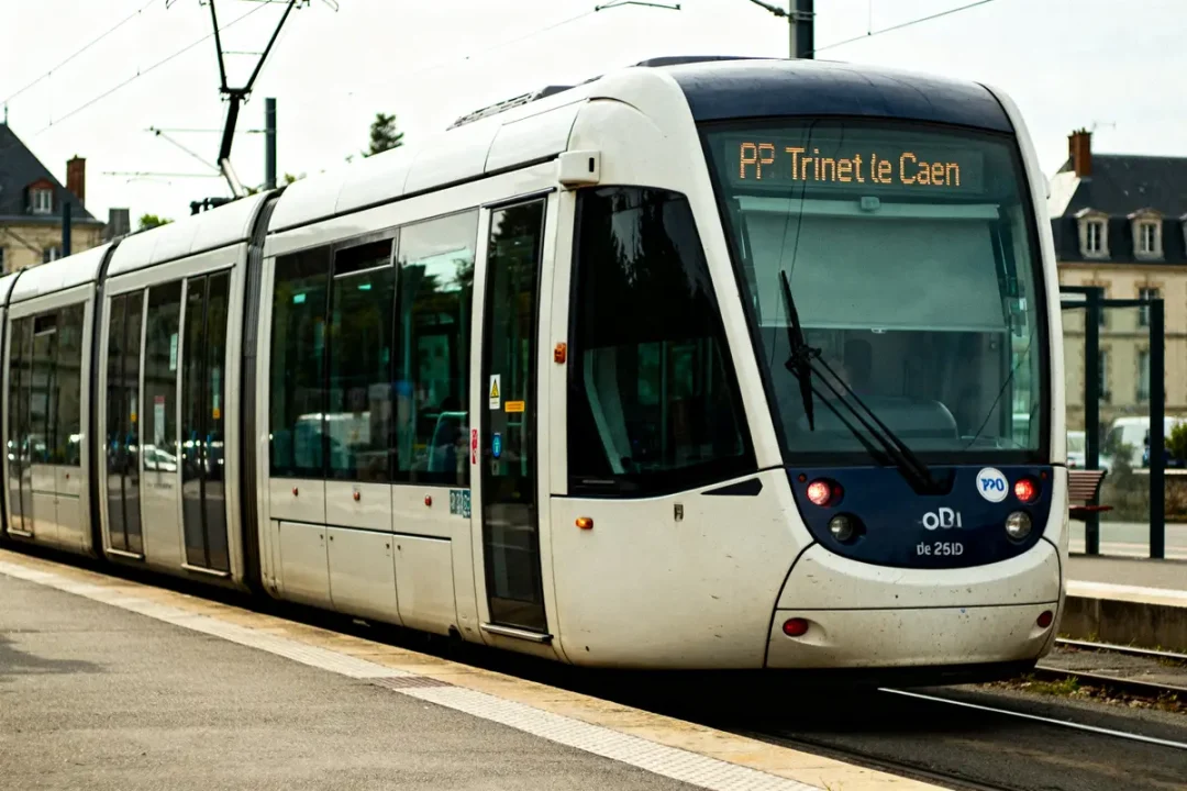 Tramway à Caen avec affichage numérique intranet de Caen en arrière-plan urbain