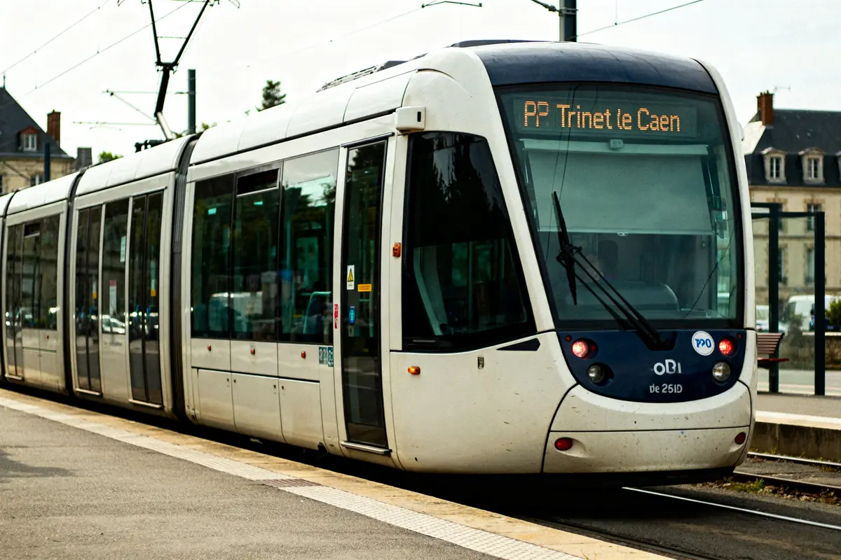 Tramway à Caen avec affichage numérique intranet de Caen en arrière-plan urbain