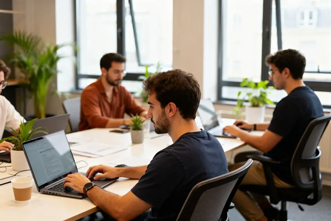 Des employés travaillent sur ordinateurs en bureau éclairé pendant jours ouvrés en 2027