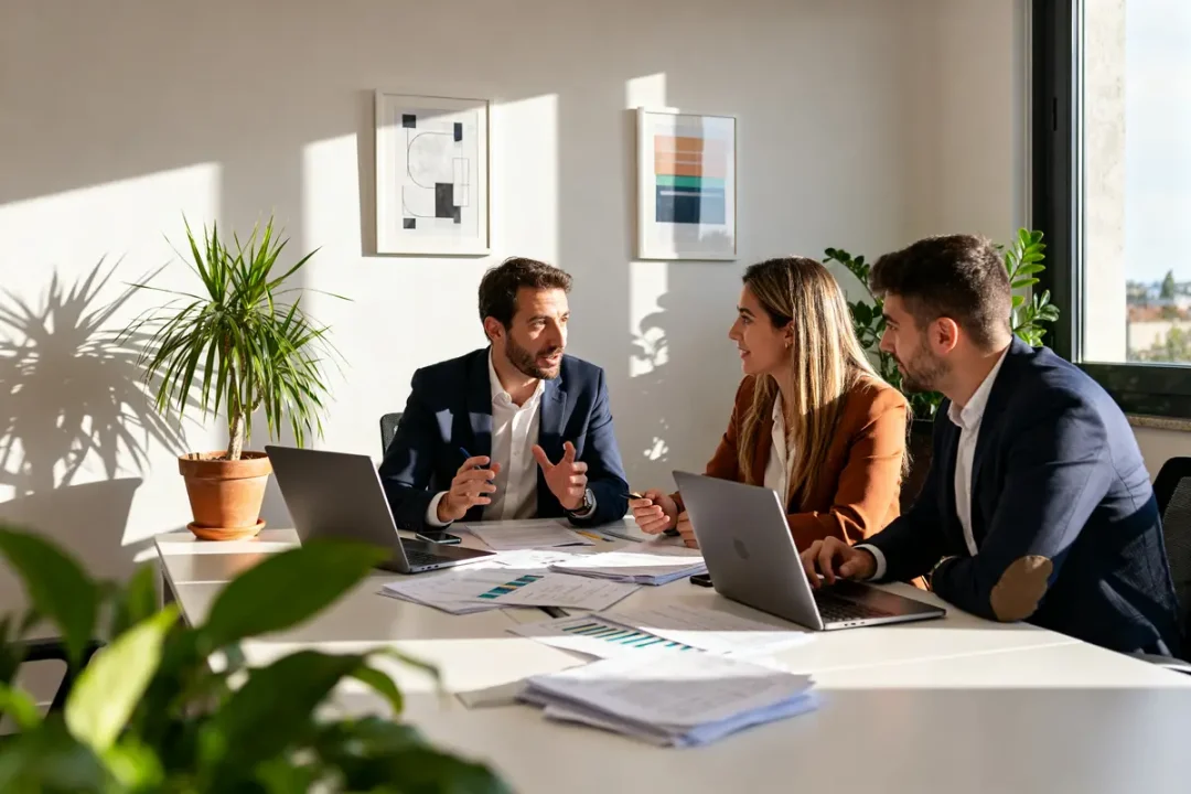 Groupe de professionnels discutant stratégie autour de laptops chez les-experts.com bureaux modernes