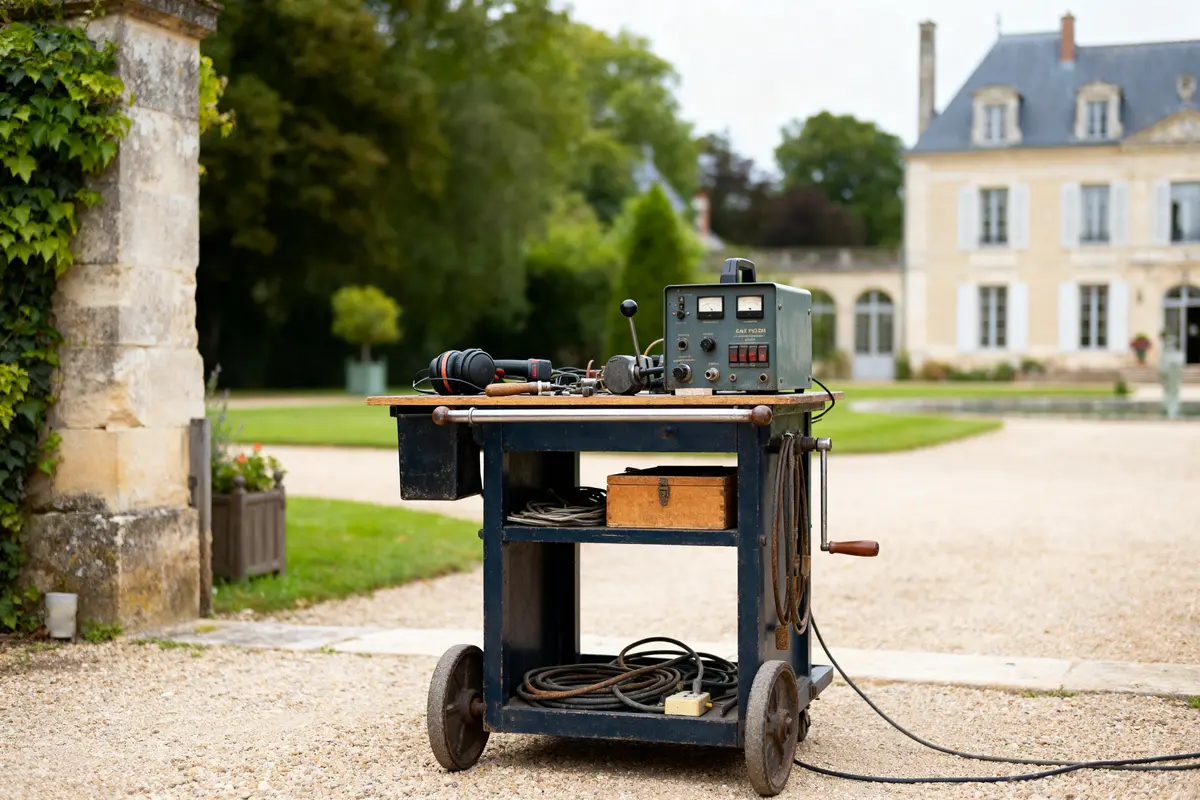 Équipement de soudure devant la maison d’Alain Delon à Douchy prix en arrière-plan
