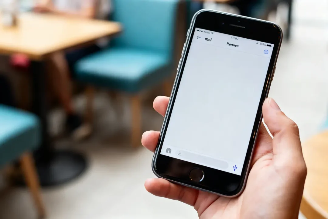 Main tenant un smartphone avec un mel ouvert Rennes dans un café lumineux