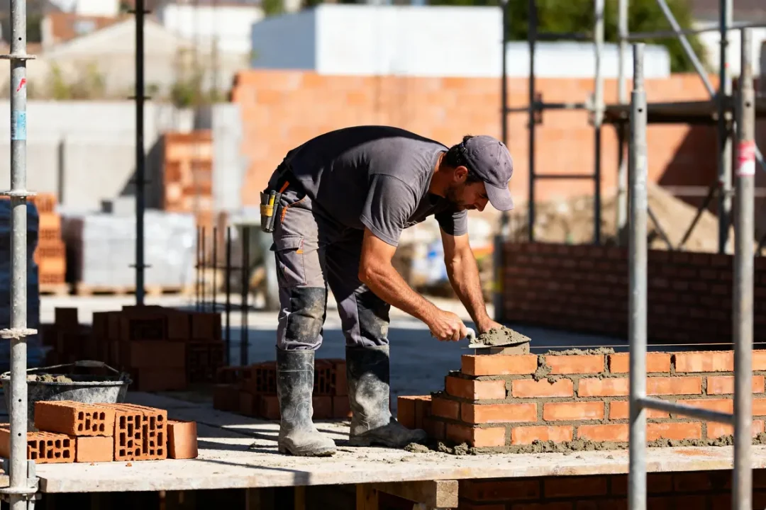 Un maçon construit un mur en briques sur un chantier, métier en M essentiel