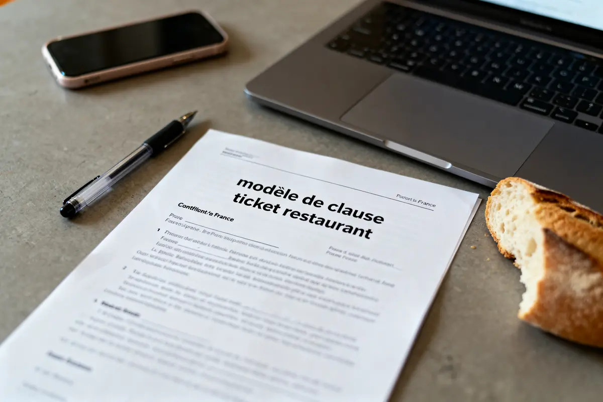 Document modèle de clause ticket restaurant dans le contrat de travail avec ordinateur et stylo