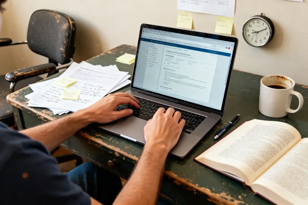 Homme travaillant sur ordinateur à domicile avec documents et café nombre d'heures par mois à 39h